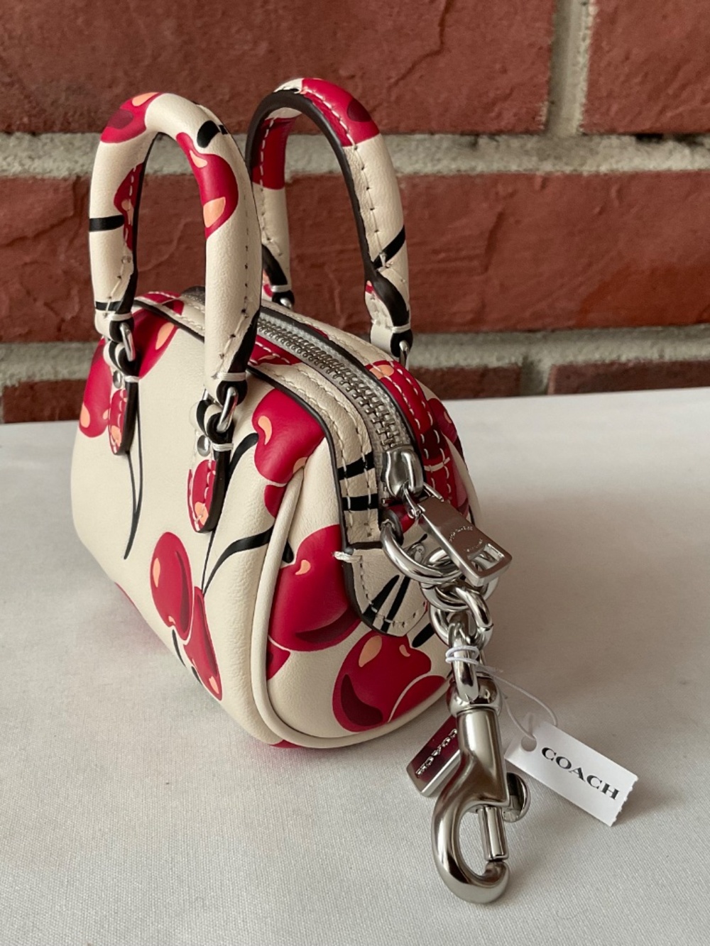 Coach Rowan Mini Bag Charm Cherry Print Leather Silver Hardware Multi NWT - Picture 14 of 16